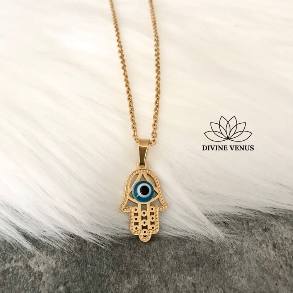 Evil Eye Hamsa Necklace | Gold Plated Stainless Steel | Handmade - Picture 3 of 7